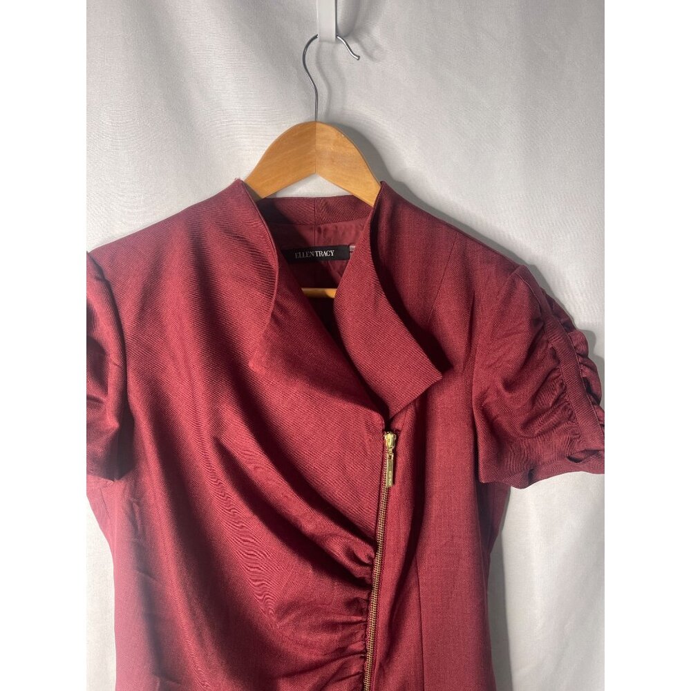 Ellen Tracy Womens Burgundy Dress Size 8 With Gold Zipper & Ruched Sleeves 100% - Picture 3 of 7